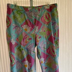 Vintage LILLY PULITZER Pink Blue Floral Cotton Ankle Pants  Size 12 EUC